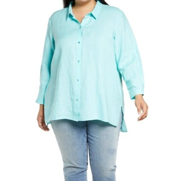 EILEEN FISHER Classic Collar Organic Linen Button-up Shirt In Aqua PL - Picture 1 of 16